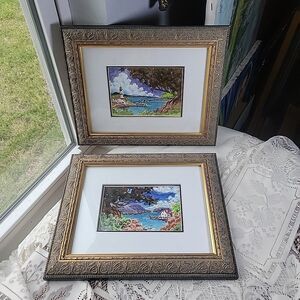 VTG Set 2 Signed Framed & Matted Watercolors Small 5.5 x 4" art sz 9x11" frame